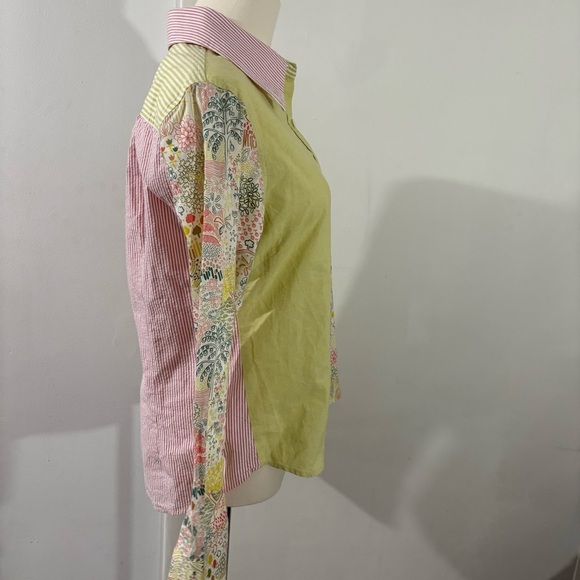 FlatIron Workshop Button-Up Top Sz 3 Long Sleeve Green Pink Trees Stripe Preppy - Picture 3 of 14